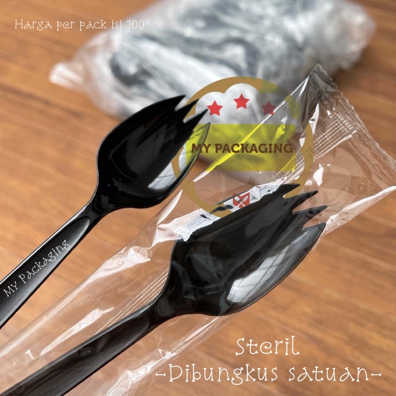 Sendok Plastik PREMIUM Ujung Garpu 100pcs - SPOON FORK SPORK WRAPPING Sudah Dibungkus PLASTIK satuan - Bagus Kuat Halus tidak kasar