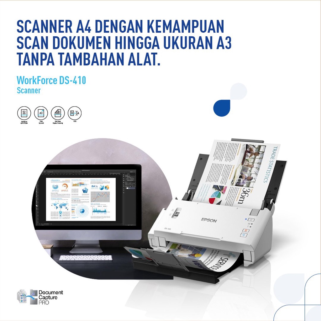 SCANNER EPSON DS-410 EPSON DS410 DS 410 SCAN UP TO A3 STITCH GARANSI RESMI