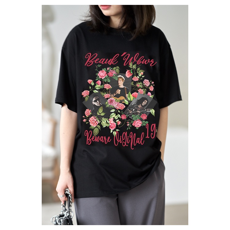 kaos hitam print unga-bunga / baju oversize wanita young korea / t shirt tee lengan pendek katun premium