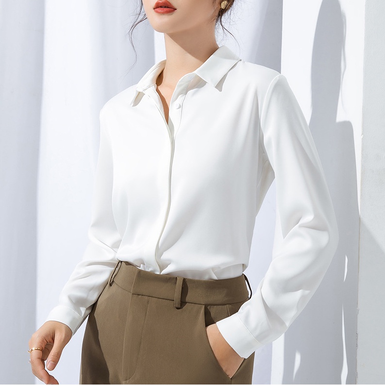 【Moon Blush】Kmeja Wanita Lengan Panjang-Korean Halus Lembut Solid Button  Satin Shirt 7248