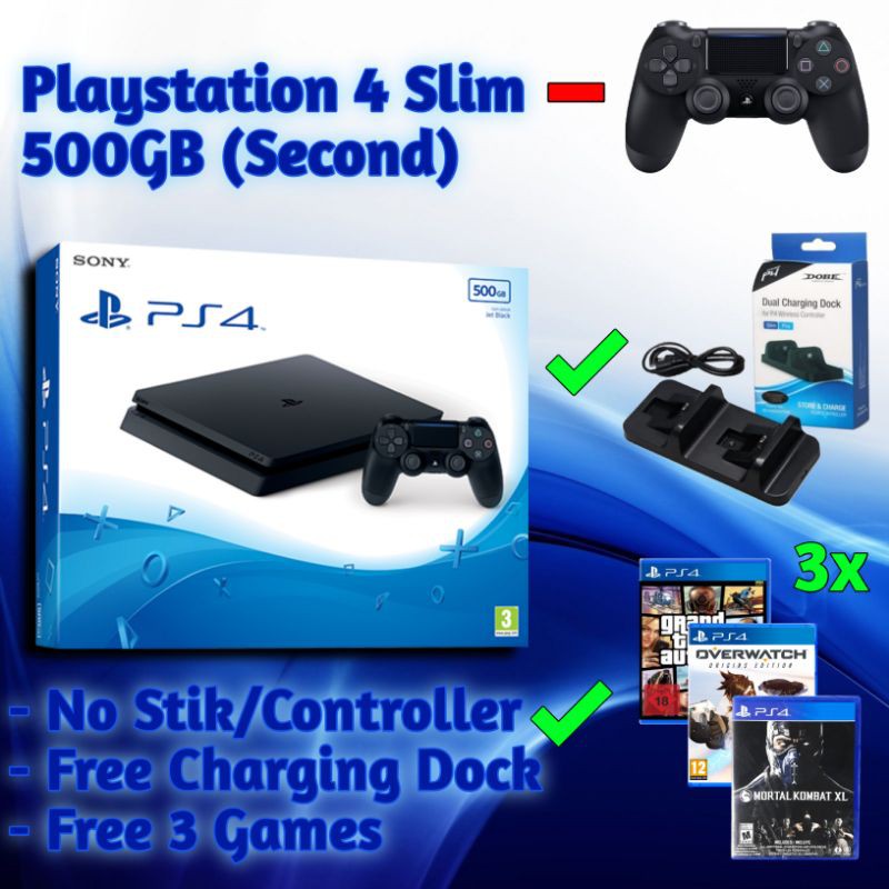 PS4 SLIM 500GB JET BLACK SECOND / BEKAS TANPA STIK CONTROLLER