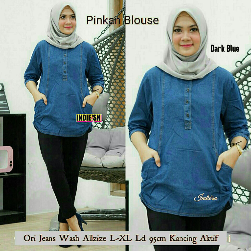 baju wanita serut ABG pinkan blouse indiesn jeans wash premium murah