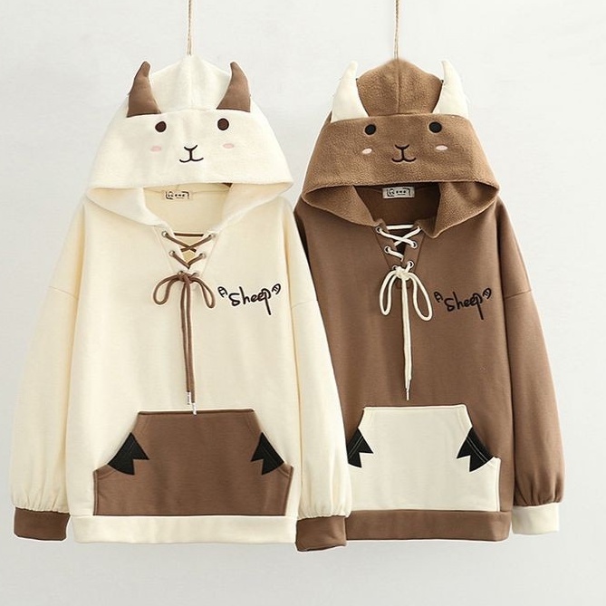 COD | Sheep Hoodie Sweater Hodie Karakter Wanita Remaja OOTD Casual Matt Fleece Tebal Premium