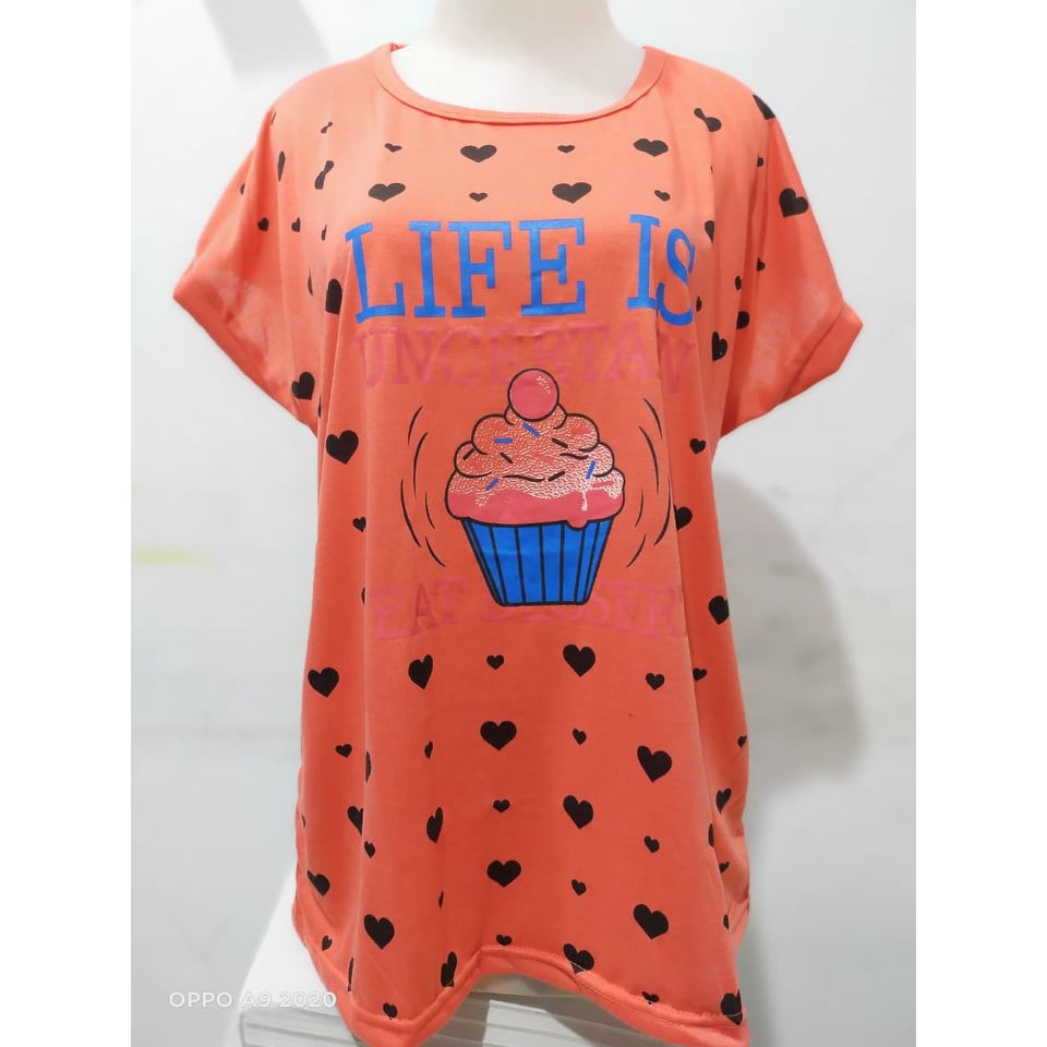 Kaos Jumbo motif cup cake/oblong Wanita lengan manset