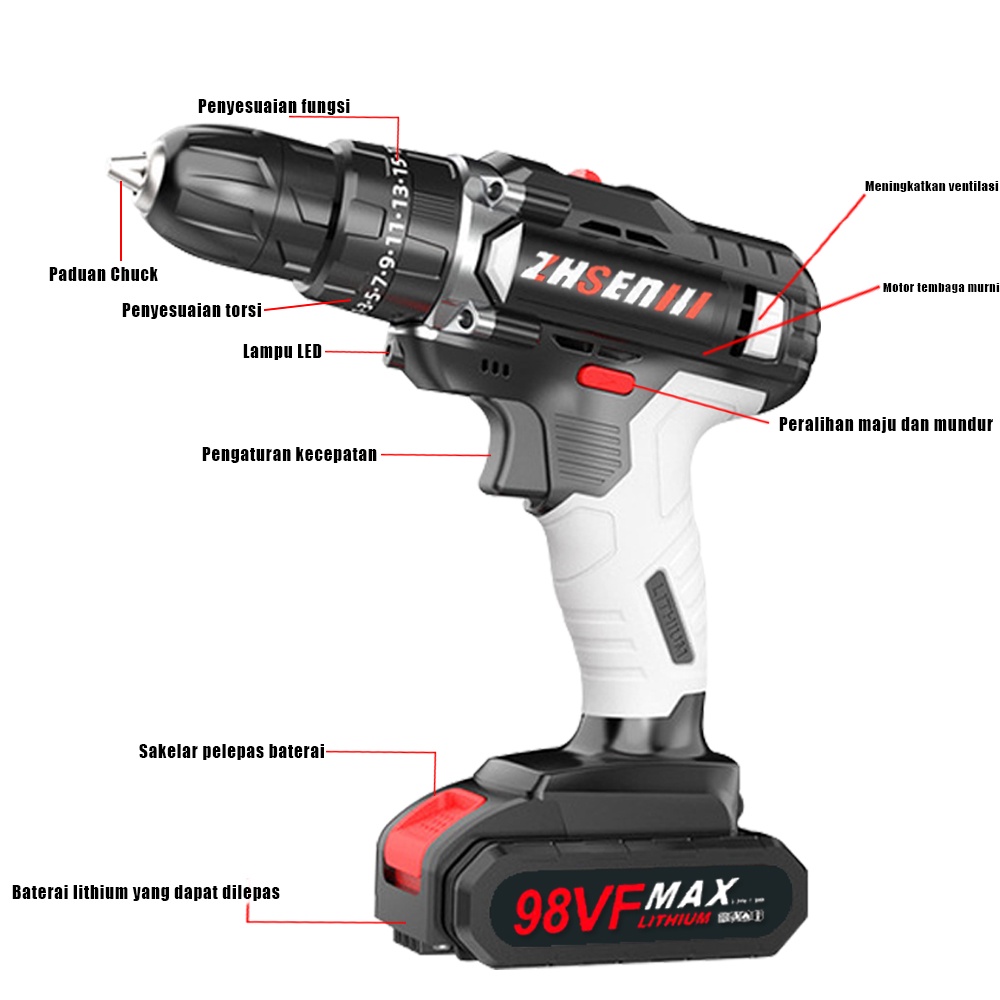 Bor Baterai Bor Listrik Bor Tanpa kabel 98V Set Lengkap Mata Bor Cordless Drill Full Set Of Drill Bits Bor Mesin Elektrik Drill Set Reversible Mesin Bor Tangan Listrik