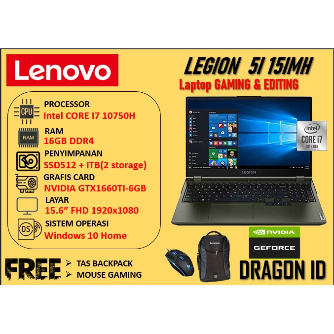 laptop gaming lenovo legion 5i 15imh i7 10750h 16gb 512gb 1tb gtx1660ti 144hz win10 dark moss