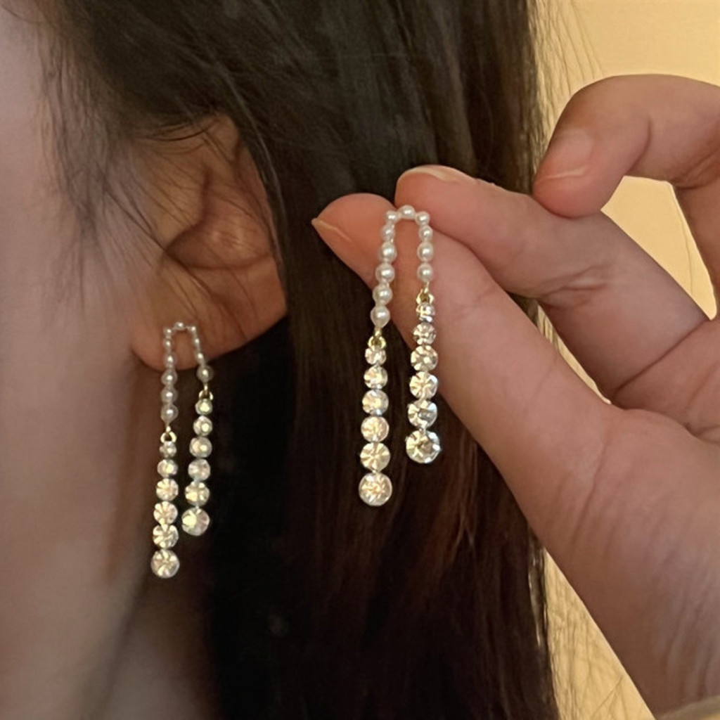 Anting Gantung Panjang Model Rumbai Dengan Mutiarabatu Zircon Mewah Untuk Wanita