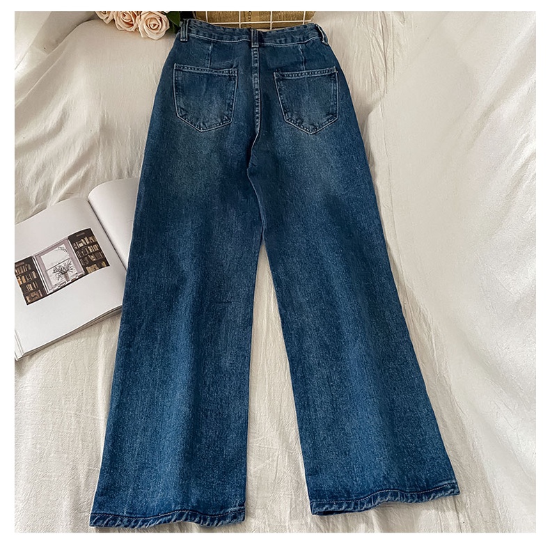 korean style biru laut vintage loose straight high waist celana jeans wanita(gambar fisik)