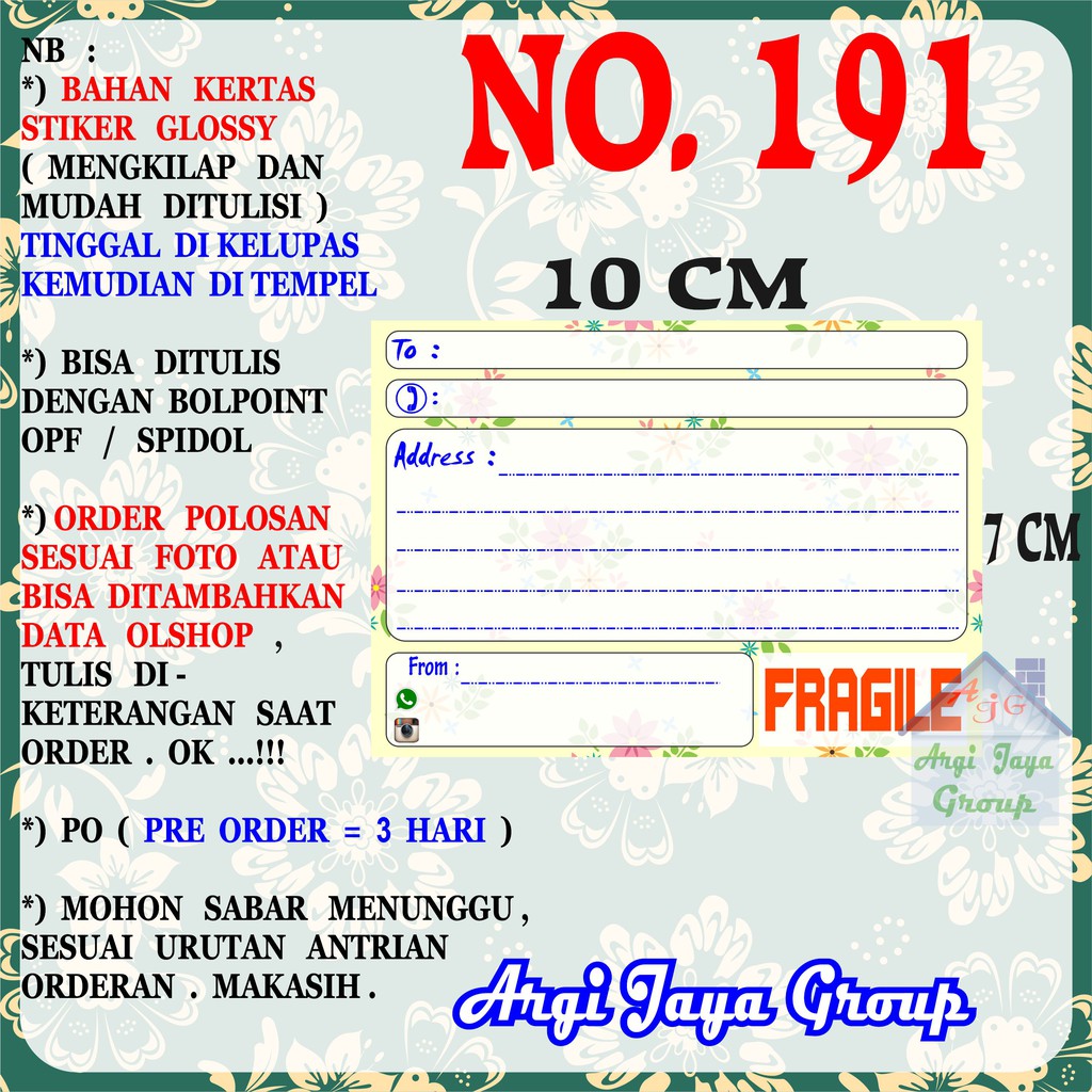 

Stiker Pengiriman - Sticker Alamat Olshop Murah Nomer 191 - 10x7 cm - Glossy