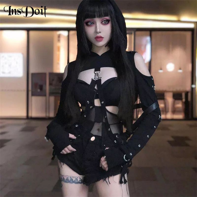 Jaket Crop Top Wanita Streetwear Gothic Hoodie Harajuku Punk Hip Hop korean Style