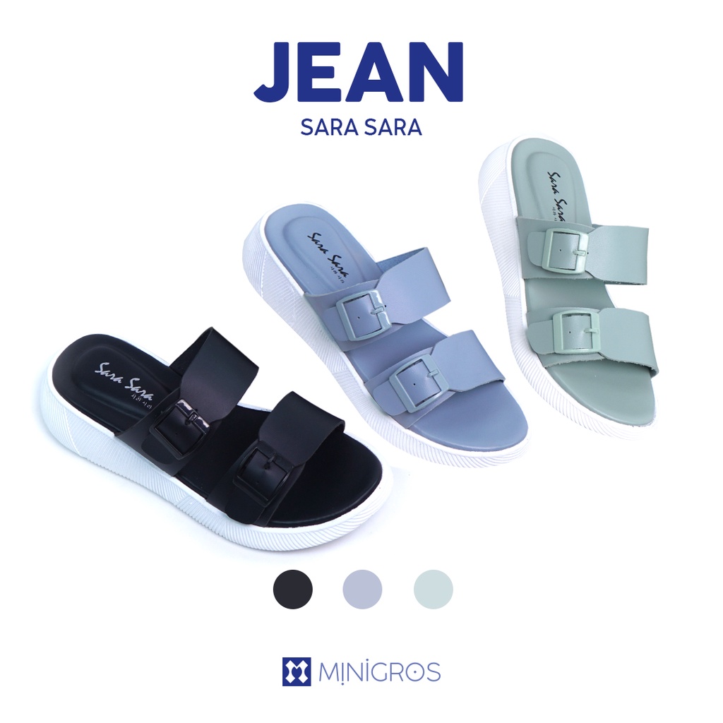 Sara Sara JEAN Sendal Slop Wanita Kekinian Selop Wanita Hak Flatform Gesper Sol Karet Terbaru