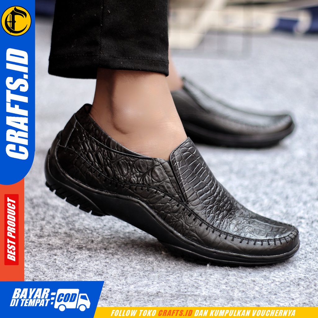 Sepatu Slip On Pria Sepatu Casual Pria Formal Kulit Asli Sepatu Pantofel Kerja Kantor Kuliah Kondangan Sepatu Slop Pria Sepatu Hitam Pria CRAFTS CROCO