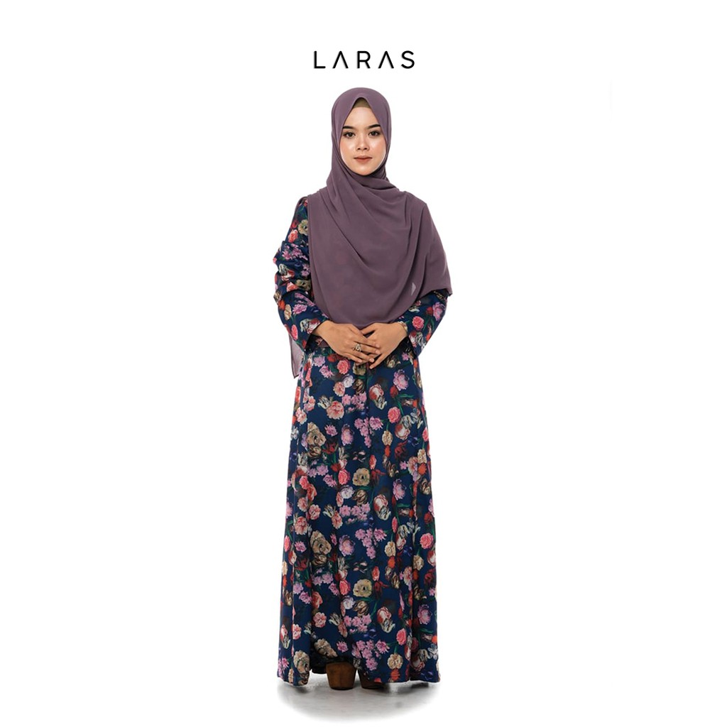 Gamis Bahan Kaos Denim Busui Friendly Motif Bunga Fashion Muslim Warna Navy