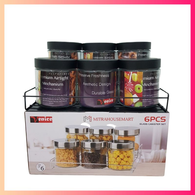 Venice Glass Canister Set 6Pcs Toples Kaca Set dengan Tatakan Besi Minimalis