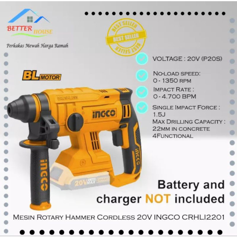 MESIN BOR ROTARY BATERAI CORDLESS 20V BRUSHLESS T-CRHL12201 BONUS 2 SET SARUNG TANGAN INGCO