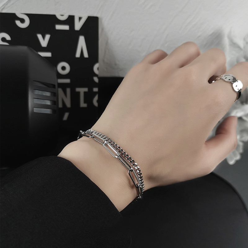 Gelang Rantai Ganda Bahan Logam Warna Silver Gaya Hip Hop Korea Untuk Unisex