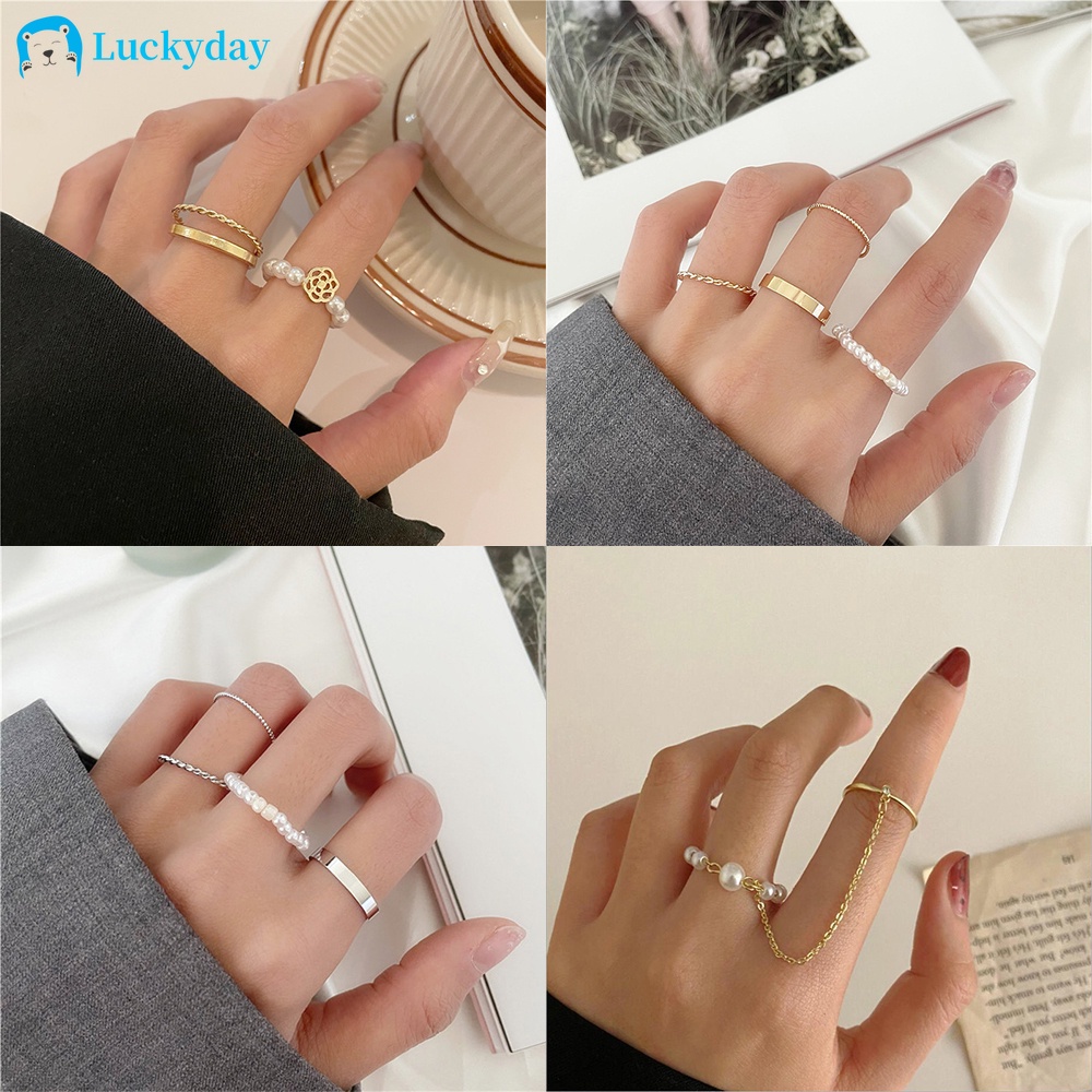 YEEZII Set Cincin Adjustable Desain Bunga Kupu-Kupu Aksen Mutiara Gaya Korea Untuk Wanita