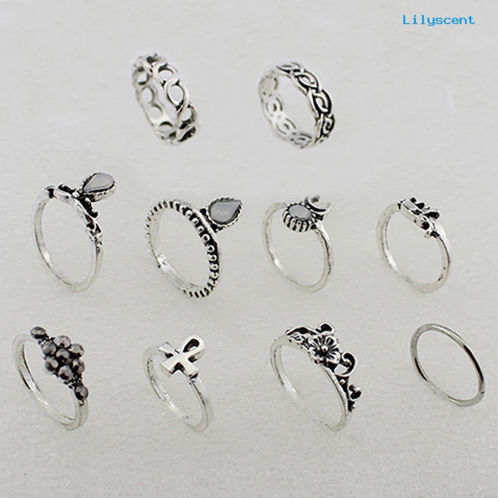 10pcs / Set Cincin Knuckle Vintage Desain Bunga Hollow Anti Karat Untuk Wanita