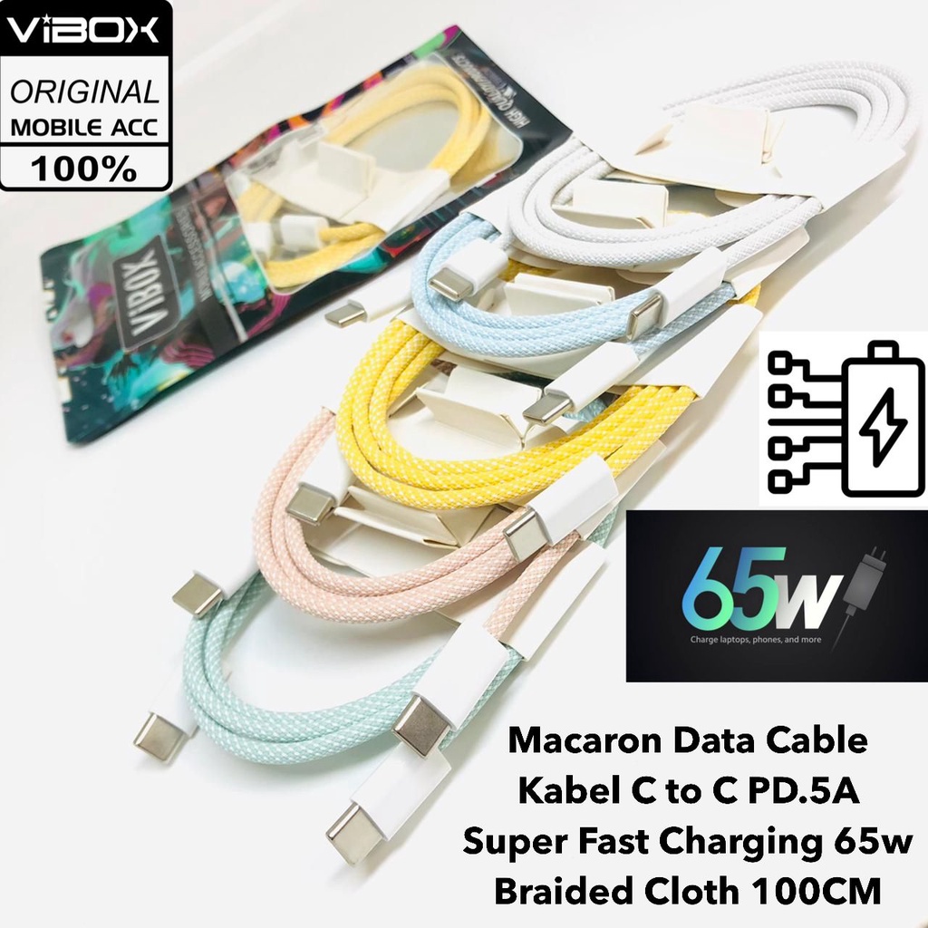 promo Macaron Data Cable TYPE-C TO TYPE-C VIBOX NEW TECHNOLOGY Kabel C to C PD.5A Super Fast Charging 65w  Braided Cloth 100CM