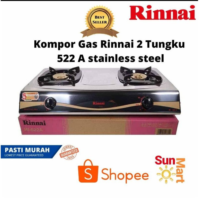 TERMURAH!!  Kompor Gas Rinnai 2 Tungku RI 522A 522 A Stainless Steel