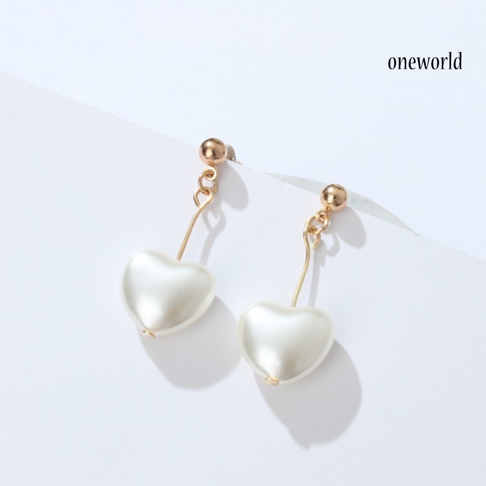 OW@ Elegant Love Heart Imitation Pearl Pendant Dangle Stud Earring Women Jewelry