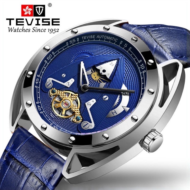 Jam Tangan Pria Automatic Tevise Original Tourbillon Silver Blue Tali Kulit Super Mewah