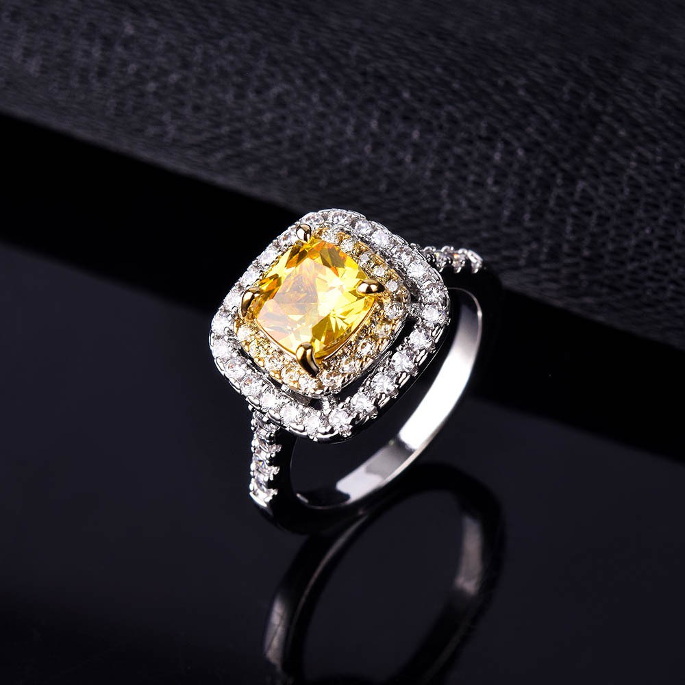 925 Perak Kuning Berlian Perhiasan Wanita Cincin Pertunangan Berlian Persegi Cincin