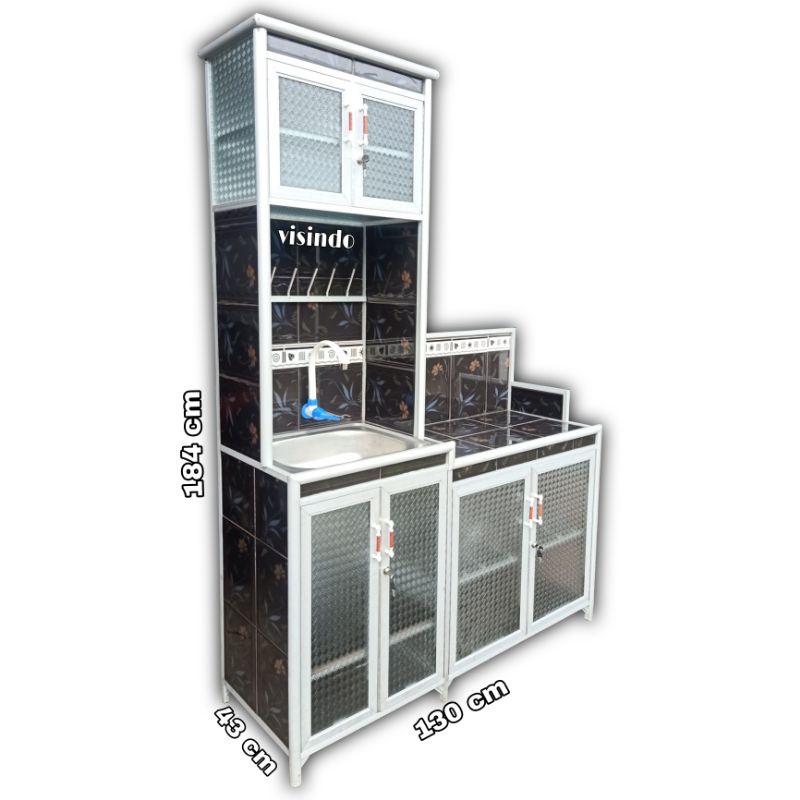 lemari dapur aluminium kaca  3in1 (wastafel,rak kompor dan rak piring) 130 cm