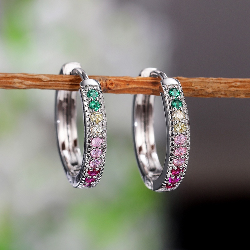 Bright Multi Color CZ Circle Earrings Hoops Silver Color Simple Stylish Women Earrings Wedding Engagement Party Jewelry
