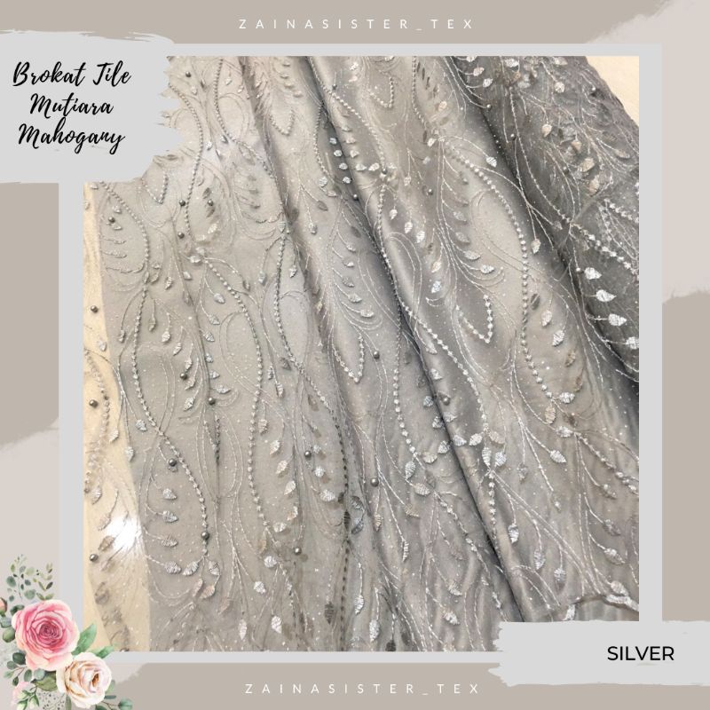 Kain Brokat Tile Mutiara Mahogany Warna Abu Silver