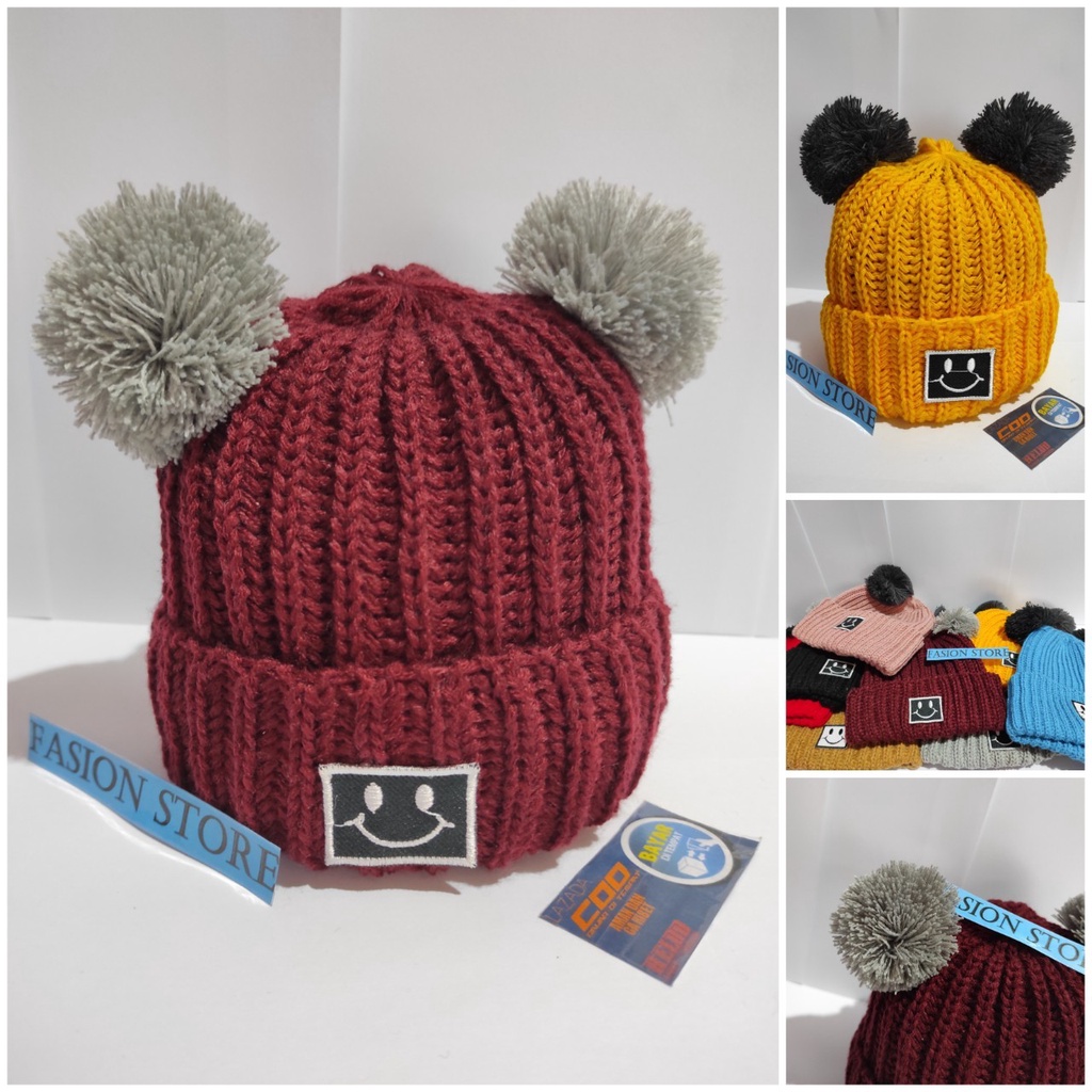 kupluk pom-pom smile terbaru kupluk rajut kupluk anak kupluk bayi laki-laki kupluk bayi pom-pom Topi