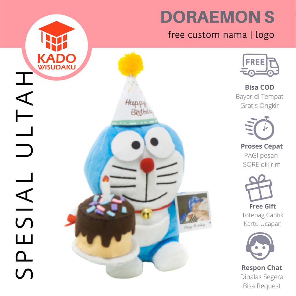 Boneka Ultah Doraemon Small dengan Kue Tart