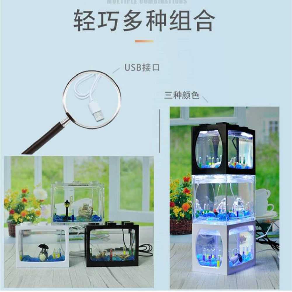 Akuarium Ikan Cupang Hias Akrilik Aquarium  Mini Bitte Acrylic Lego Block USB LED Baterai Batu Hias