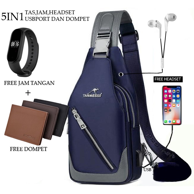 TANMESSO 5in1 BAYAR DITEMPAT- JAM LED -HEADSET- DOMPET -USBPORT -TAS WATERPROOF-BAHAN INTERPILAR SENDIRI LEMBUT DAN TEBAL MENGANDUNG 70%COTTON BUKAN PARASUT ATAU KANVAS SEPERTI YANG BEREDAR DIPASARAN-TAS SELEMPANG PRIA-SLING BAG PRIA