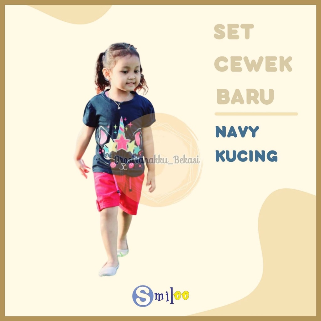 Setelan Anak Cewe Navy Kucing Pelangi Size 1-3tahun Murah