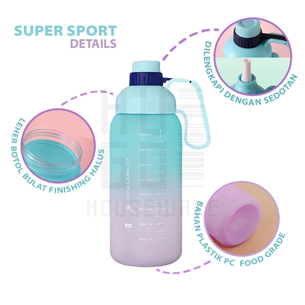 HUGO Botol Minum Jumbo Sporty Gradasi 1800 ml Botol Minum Viral Pelangi Free Sticker