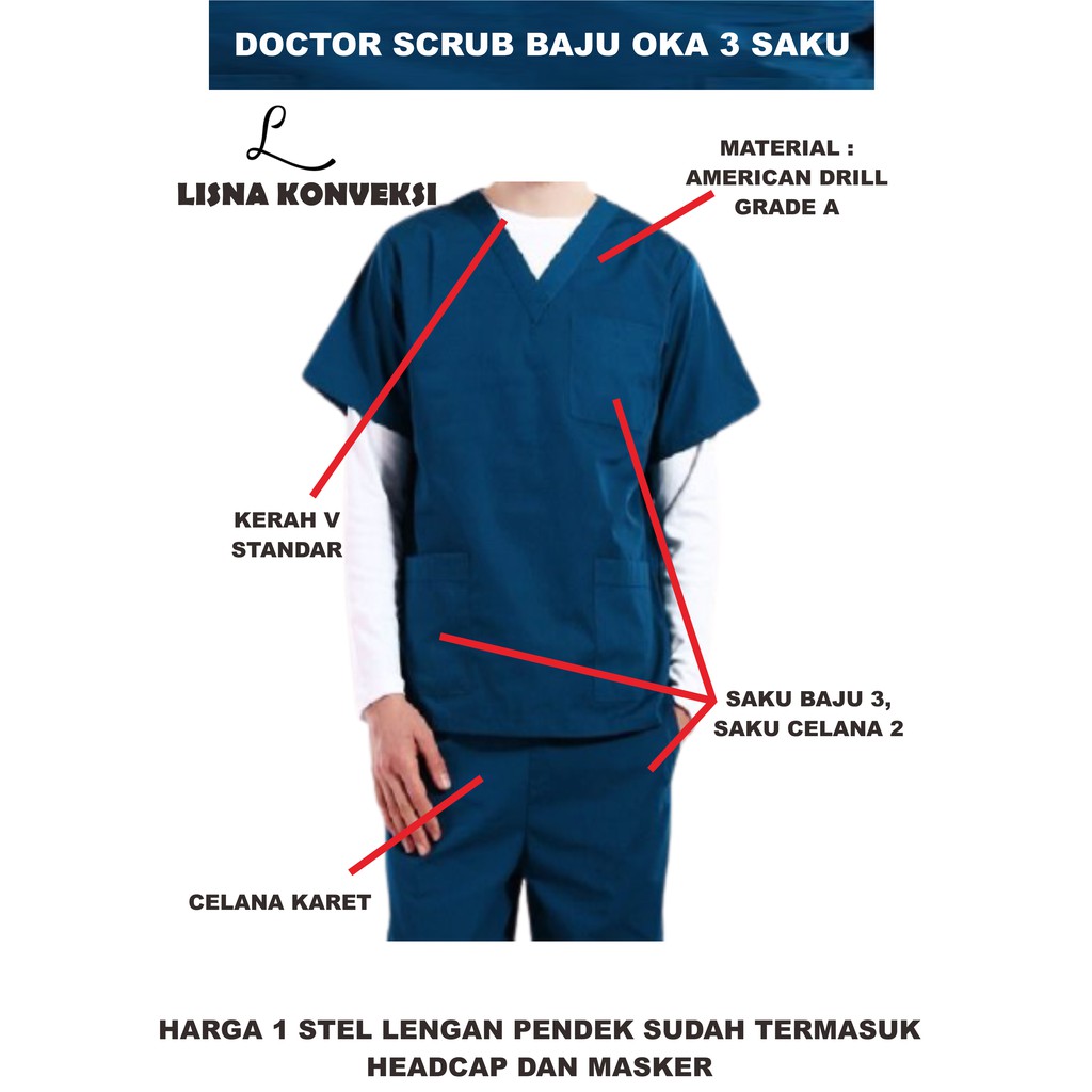 Baju OKA Doctor Scrub Baju Jaga Dokter American Drill 3 Saku XS-XL