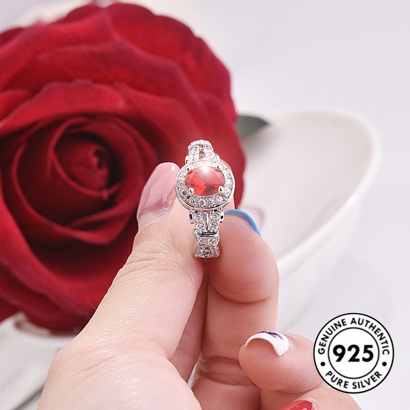 Cincin Sterling Silver 925 Dengan Ruby + Berlian Imitasi Untuk Wanita