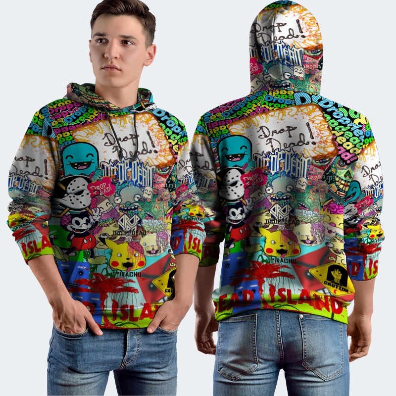 Jaket Hoodie Fullprint Drop Dead Dead Island Stickerbomb Bahan Polyester Jersey