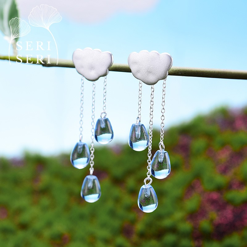 SERI SERI Anting Wanita Perak 925 Asli Rain Cloud Sterling Silver Earrings Awan Hujan Lucu