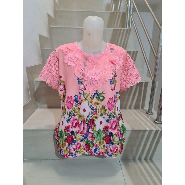 Blouse Brukat Bunga Renda Combi Brukat Impor XL-2XL-231 - Pink Ld 104