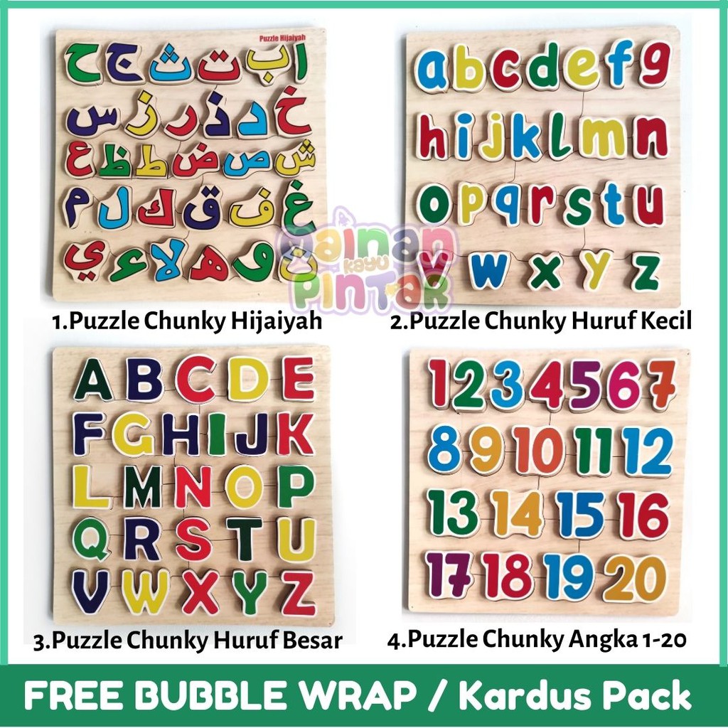 Puzzle Kayu Chunky 3D / Puzzle Timbul / Pembelajaran Hijaiyah Alphabet Angka Buah Dan Sayur Bisa COD