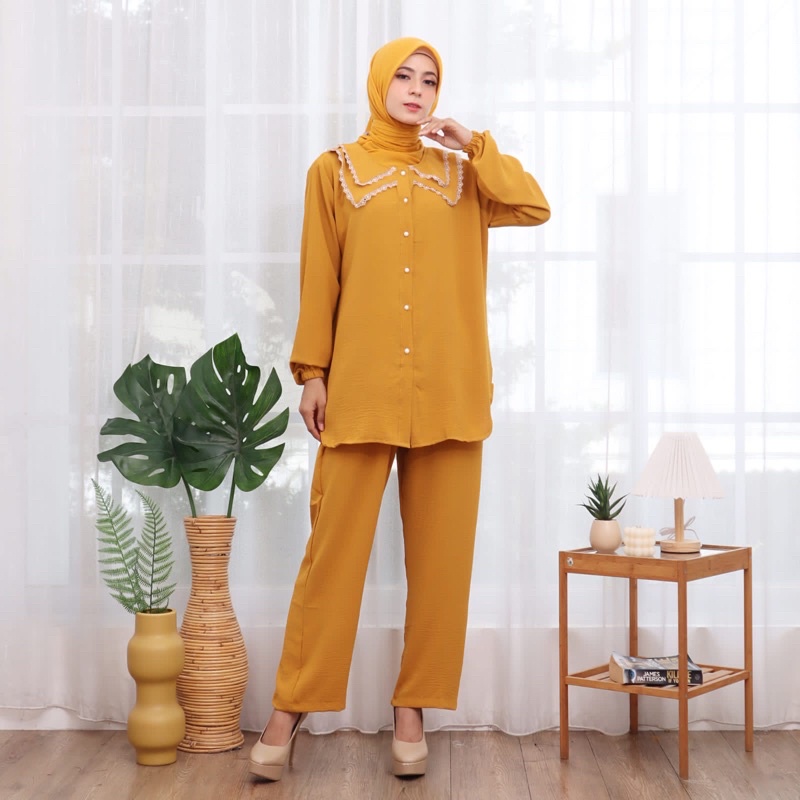 SETCEL STELAN WANITA DOUBLE COLLAR CRINKLE RENDA JUMBO XXL BUSUI BUMIL KANCING MURAH POLOS MUSLIM MEWAH