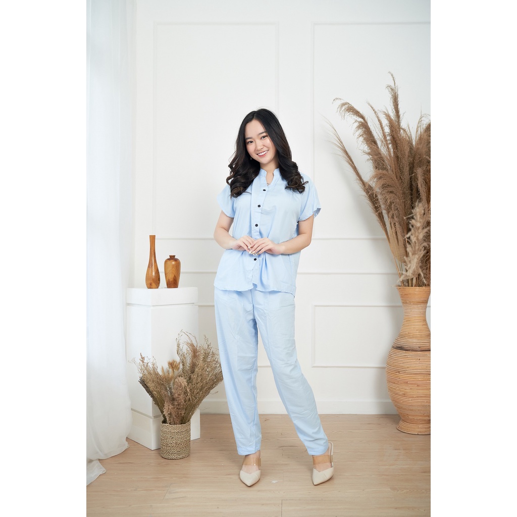 IZANY Piyama One Set / Daily Set Plain Kemeja  COWAY Allsize-BLUE SKY PLAIN