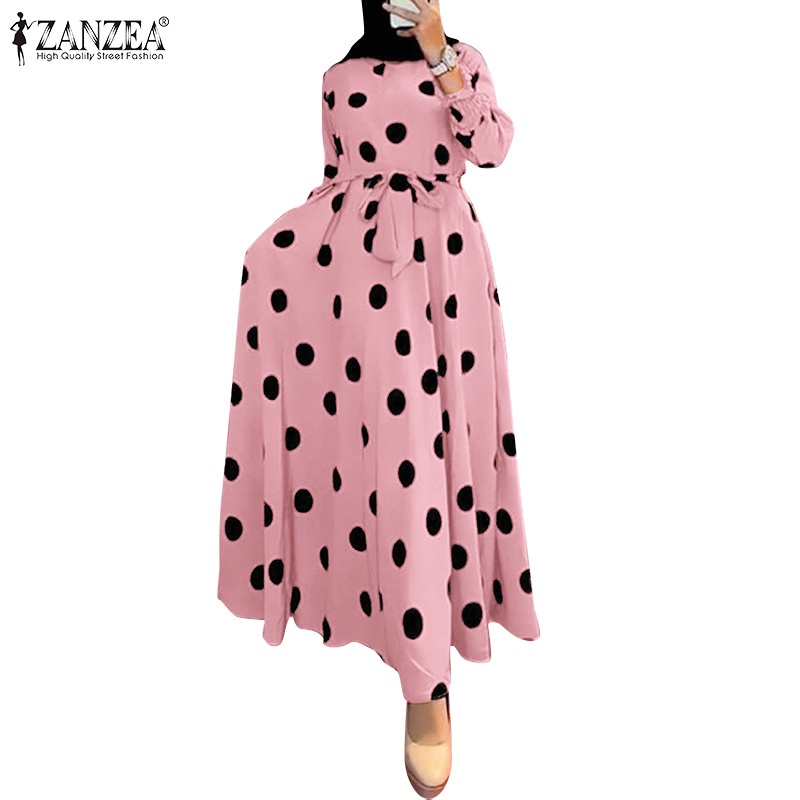 ZANZEA Women Full Sleeved Polka Dots Casual Loose Dresses Belted Kaftan Dress