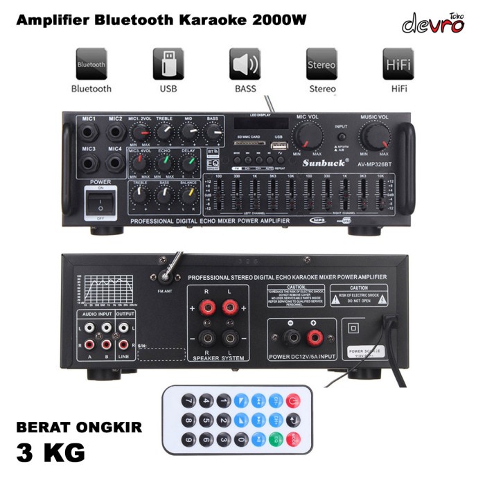 Grosir Audio Amplifier Karaoke Bluetooth EQ FM Radio 2000W - Sunbuck AV-326BT - AV-326BT Elegan