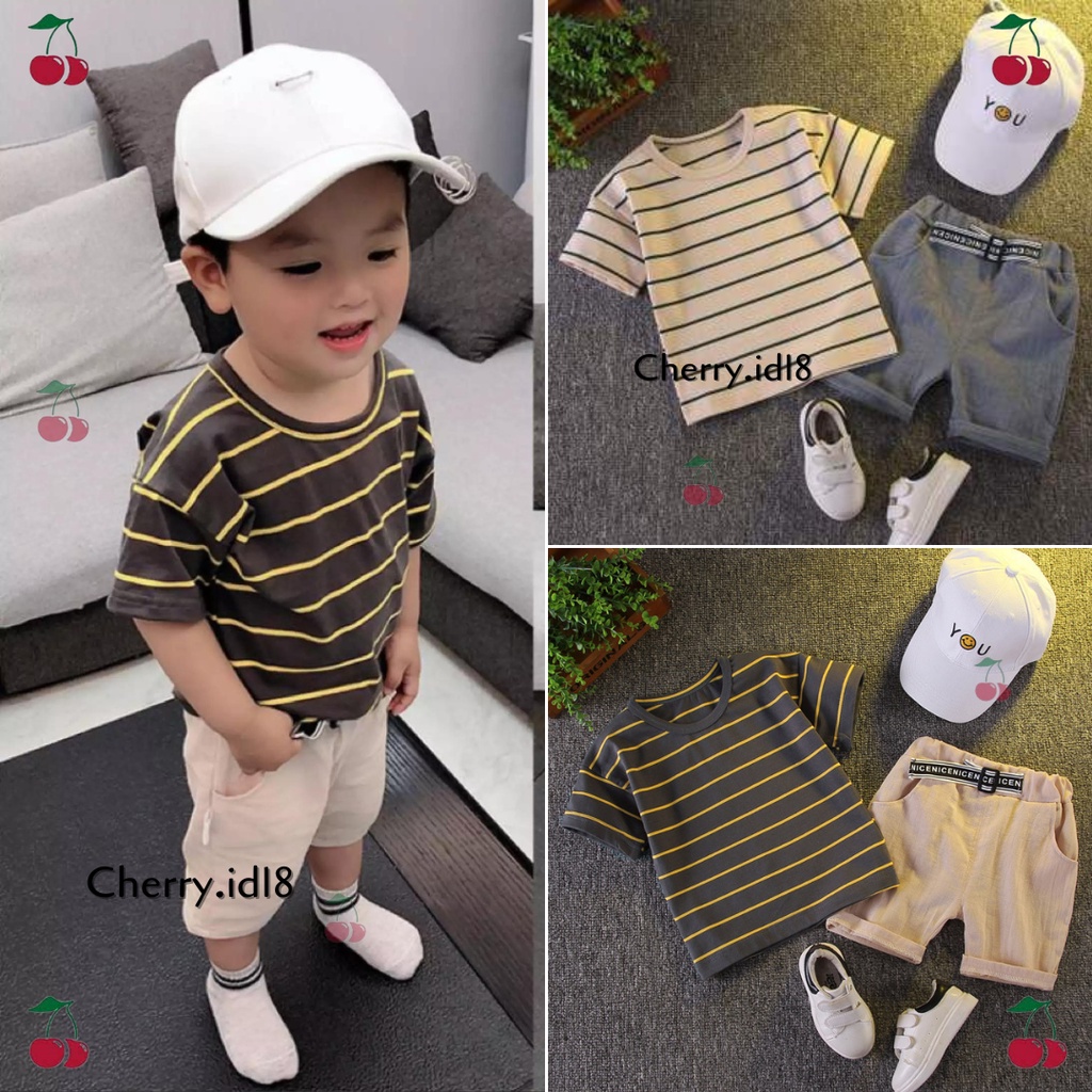 Cherry (BACA NOTE) COD Setelan Baju Anak Lengan Pendek / Pakaian Anak Motif Garis SB09