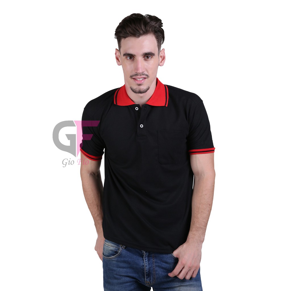 GIOFLO Baju Cowok Polo Shirts Lengan Pendek Casual Hitam Kerah Merah / PLS 106