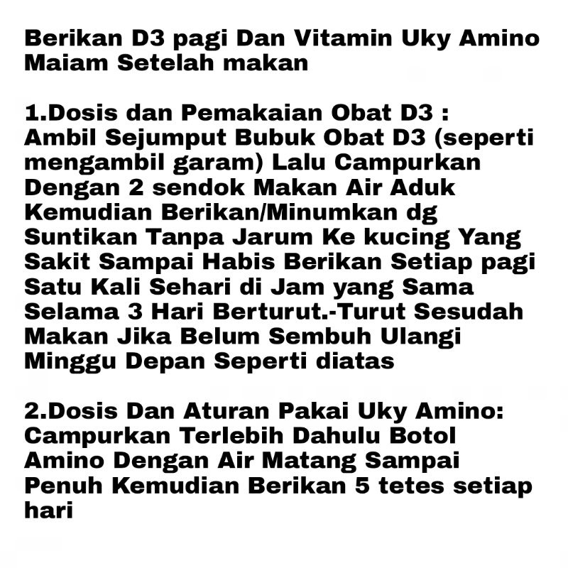 Paket Obat Kucing D3 dan Vitamin Uky amino 30ml Anti Biotik untuk Virus Demam Anti Nyeri Saraf Bengkak Radang Tidak Dapat Jalan Normal Lumpuh Tiba-Tiba Bengkak Akibat Jatuh Nafsu Makan Menurun Karena Sakit