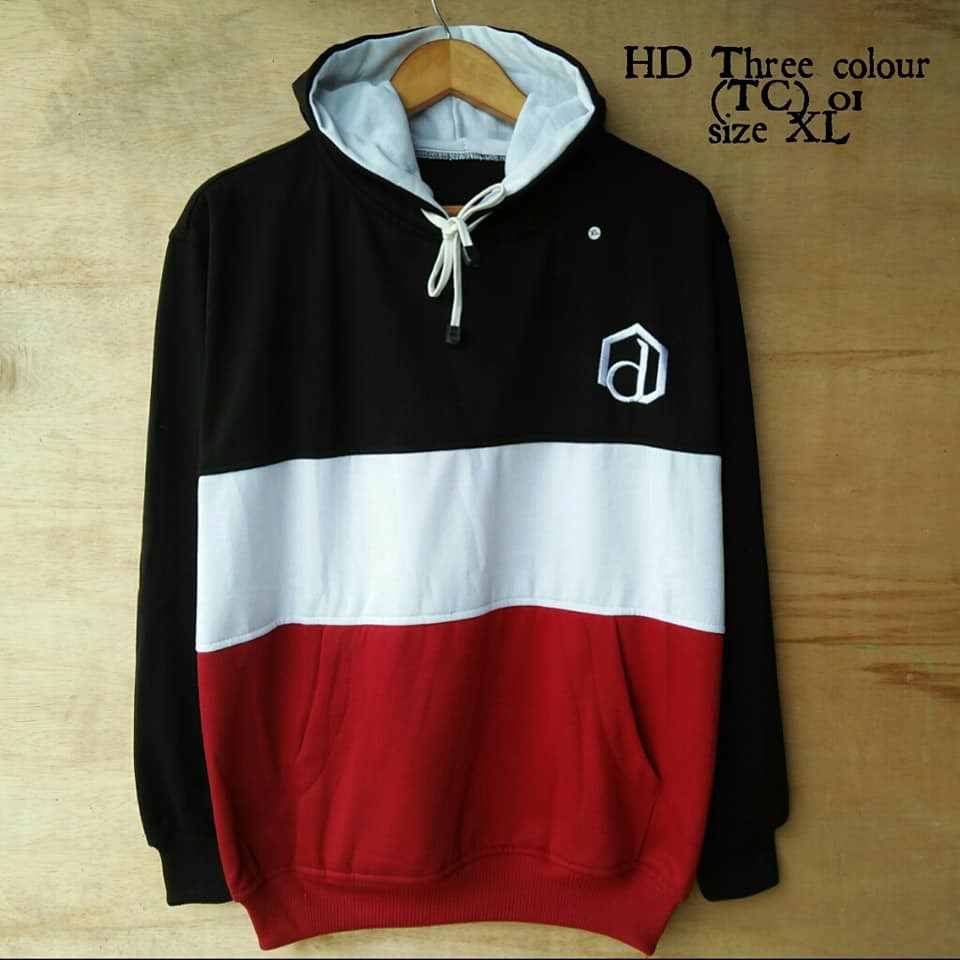 Hoodie tiga warna jaket tiga warna setrip hitam putih merah garis garis